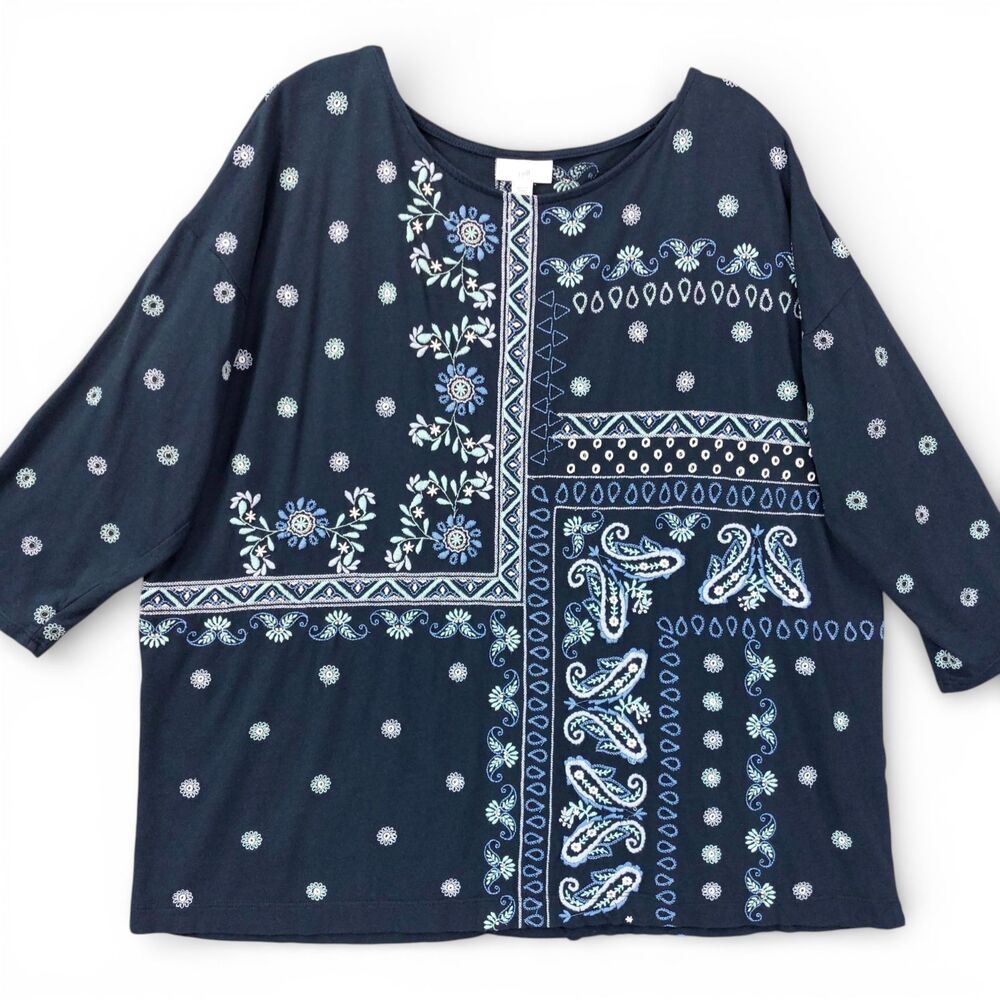 J. Jill Embroidered Paisley Tunic Top L Blue Boho Floral Cotton Tencel Blouse